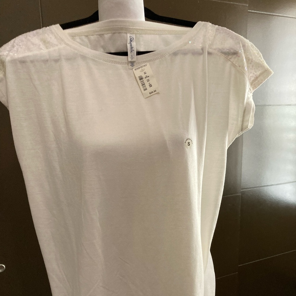 Aeropostale White Sequin Shoulder Cap-Sleeve Tee